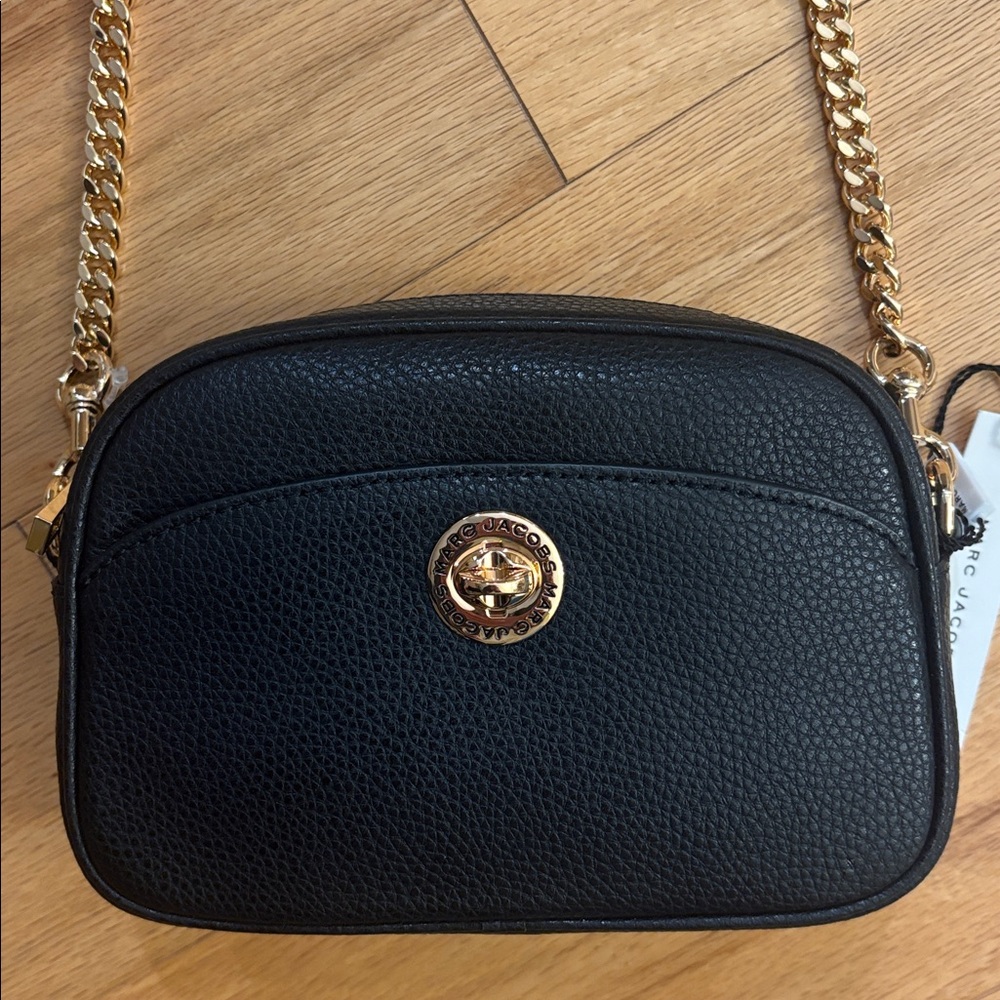 Marc Jacobs black pebbled leather camera crossbody bag new $325 gold